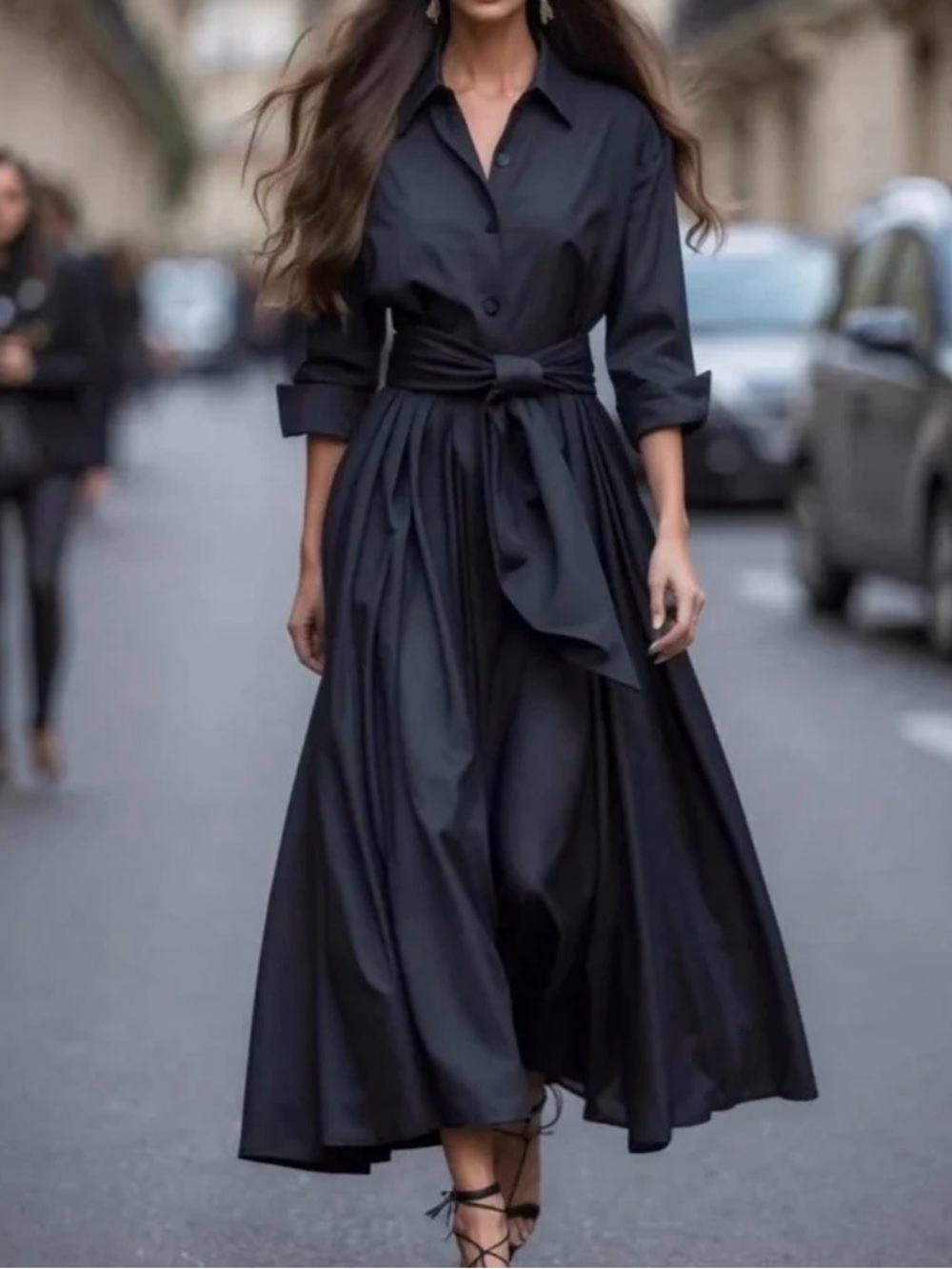 Elegant Black Shirt Dress with Waist Tie